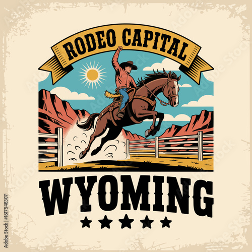 The image captures an equestrian performance with a cowboy riding a spirited horse, embodying the essence of rodeo culture in the picturesque landscapes of Wyoming.