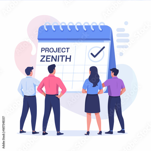 A professional team reviewing the timeline of Project Zenith on a calendar, highlighting the synergy and commitment of members towards achieving project goals in a sleek design.