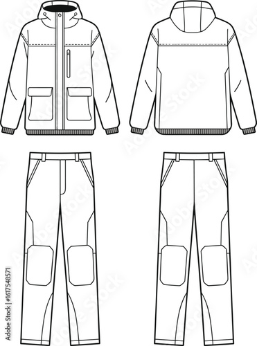  Men's outdoor adventure jacket and pants set flat sketch, hooded, multiple pockets, reinforced knees, technical design template, versatile activewear, extreme weather apparel, winter collection.