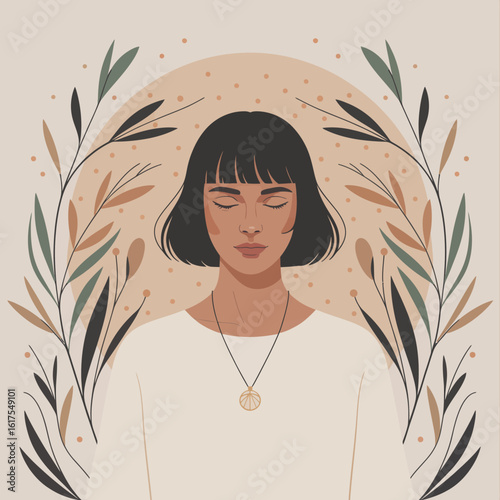 A contemplative woman surrounded by nature-inspired designs, symbolizing the harmony between self-reflection and the serenity of the natural world.