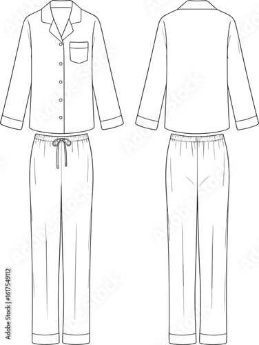 Classic women's pajama set flat sketch illustration, long sleeve top with notched collar, matching drawstring pants, comfortable sleepwear, loungewear design template, fashion apparel for relaxation.