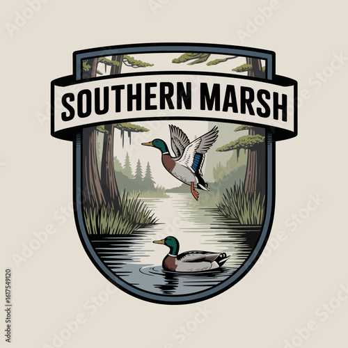 An emblematic representation of Southern Marsh showcasing a mallard duck amidst a tranquil marsh scene, highlighting wildlife's beauty and the natural world in harmony.