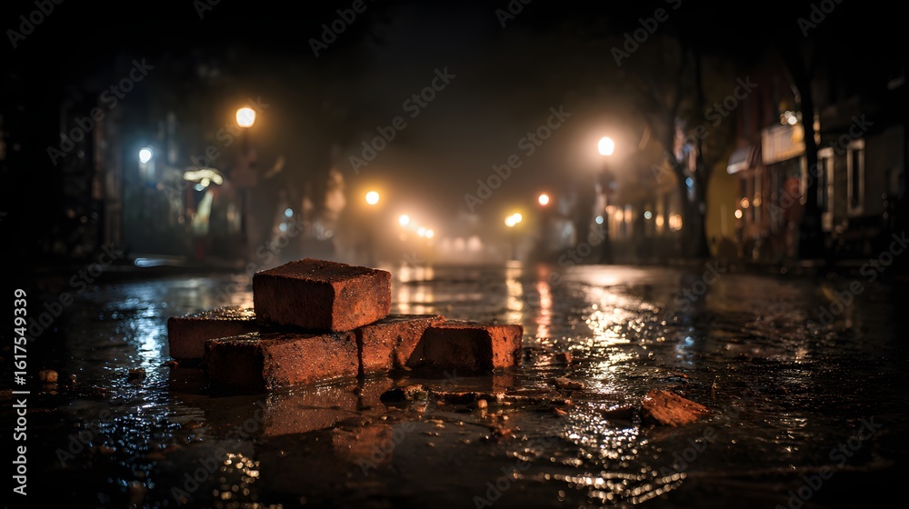 Fototapeta premium Wet bricks on a city street at night.