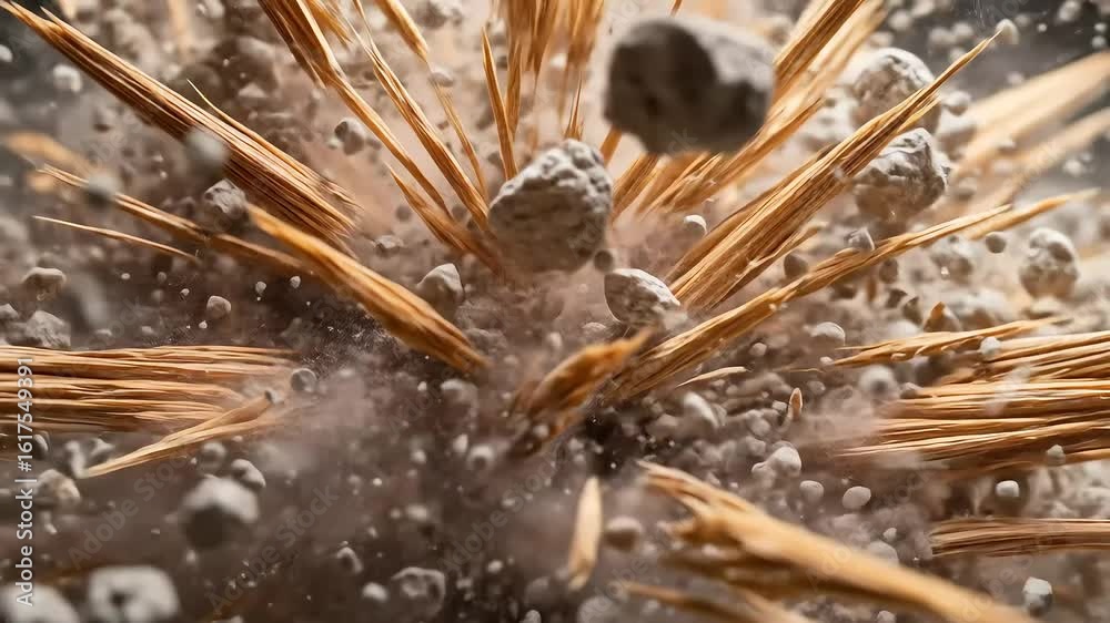 Paper Straw Explosion An explosion of earth, dust, and straw erupts outwards, creating a ...