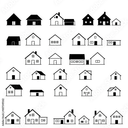 Illustration of a variety of simple black and white house icons with different roof and window styles created with generated ai