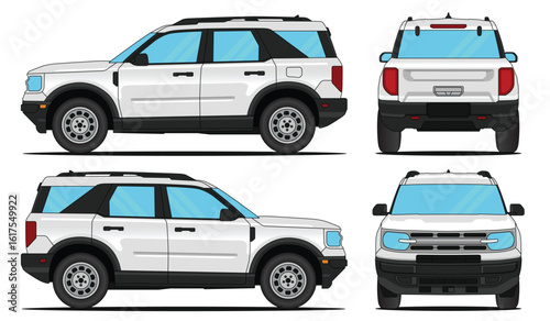 Car Vector Mockup - Realistic Car SUV Bronco vector isolated White Background Perfect for branding, print designs, template designs. With Side, Front, Rear Views	