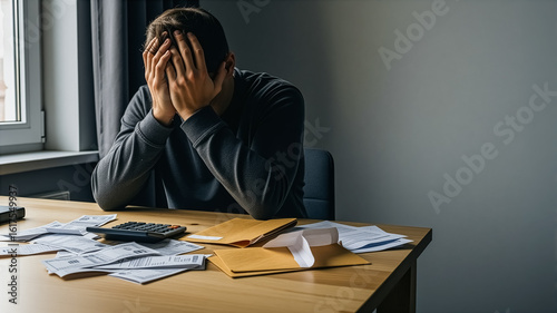 Man overwhelmed by bills and debt, head in hands, financial stress evident