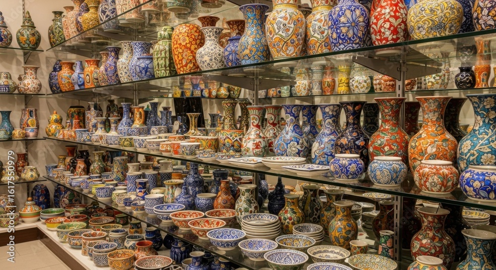 Fototapeta premium A Captivating Display of Handcrafted Ceramic Vases and Bowls Adorning Store Shelves