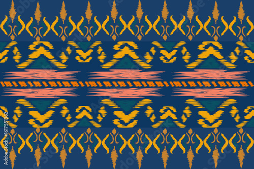 Ikat pattern hand drawn bule tone, Motif ethnic floral seamless textil, embroidery, print striped ornament floral, pattern, design for wrapping, silk, scarf, background, textile