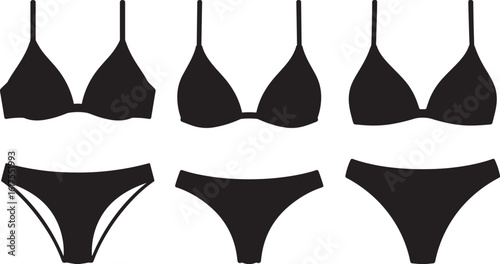 Collection of black bikini tops and bottoms in silhouette