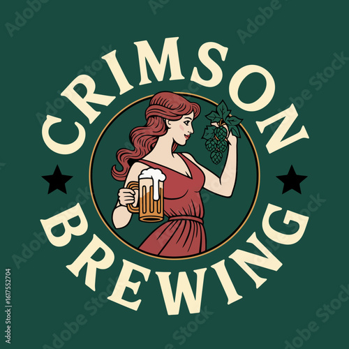 This vintage-inspired logo presents a woman holding a beer and hops, encapsulating the essence of brewing culture and the enjoyment of craft beer in a vibrant design.
