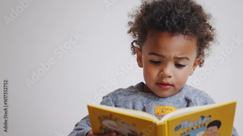 Young kindergartner reading a picture book on white background