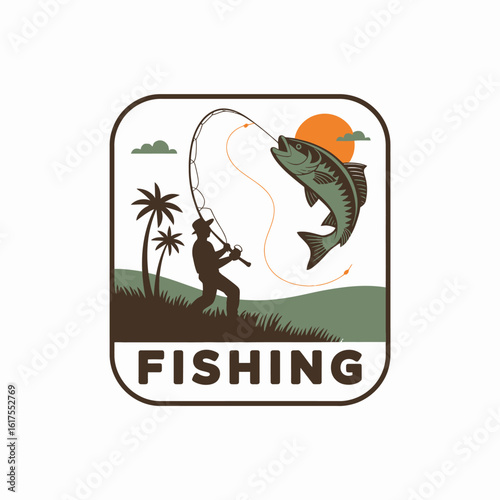This captivating illustration depicts a fisherman casting his line with a large fish jumping out of the water, symbolizing the thrill of fishing in a picturesque setting.