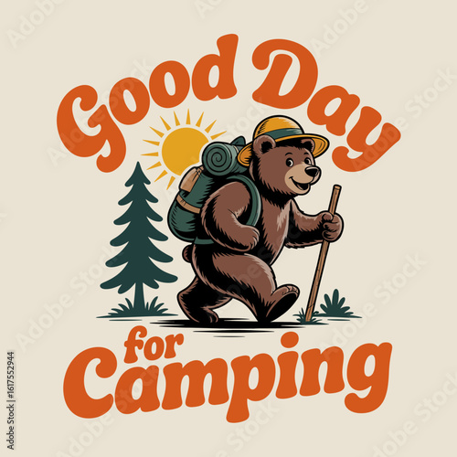 A friendly bear character embarking on a camping adventure amidst tall trees and a setting sun, representing the joy of nature and outdoor activities in a charming illustration style.