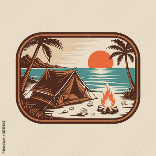 A beautiful beach campsite showcasing a tent, a campfire, and a vibrant sunset, surrounded by palm trees and ocean waves, perfect for relaxation and adventure.