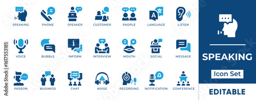 Speaking Icon Set. Includes icons of speech, communication, dialogue, presentation, public speaking, and debate. Perfect for education, media, and events.