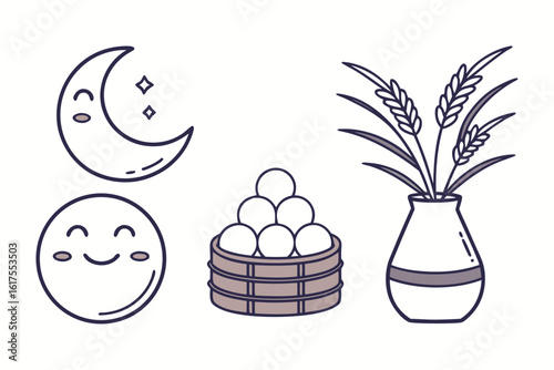 Traditional Autumn Harvest Festival Decorations Featuring Moon Gazing and Rice Grains