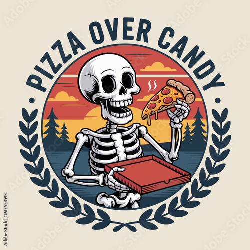 This lively illustration shows a skeleton happily indulging in pizza rather than candy, illustrating a humorous take on personal preferences and the love of food amidst nature.