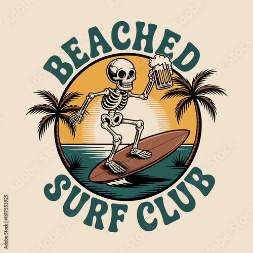 This lively depiction of a skeleton surfing while holding a beer conjures images of carefree beach days, blending humor with a fun twist perfect for surf culture and Halloween alike.