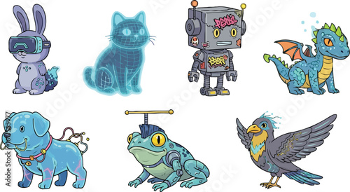 Cute Cyberpunk Creatures with Neon Accessories Lined in Two Rows on White Clean Futuristic Background