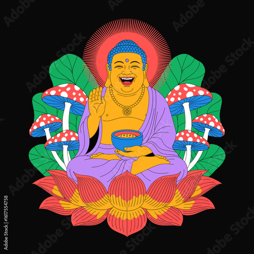 This lively illustration features a smiling Buddha with a bowl, set against colorful mushrooms and lotus flowers, symbolizing joy, peace, and enlightenment.