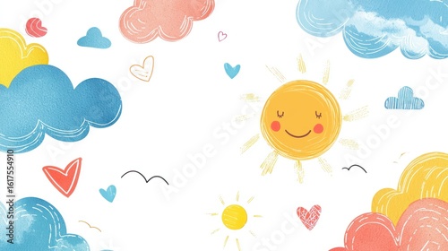 Bright and cheerful background with clouds, sun, and playful shapes on white background
