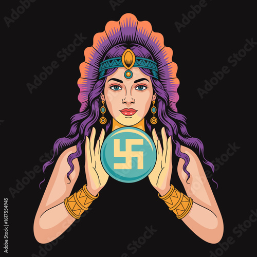 A captivating illustration of a mystical fortune teller holding a crystal ball, adorned with intricate jewelry and an array of vibrant colors, invoking a sense of mystery and magic.