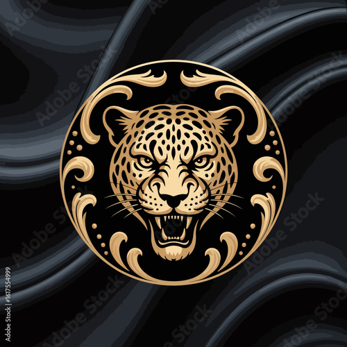 An elegant representation of a fierce leopard head enclosed in an ornate circular frame, conveying a sense of strength, power, and rich artistic heritage.