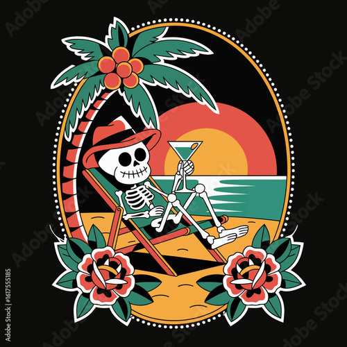 A whimsical skeleton lounging under a palm tree, sipping a cocktail while enjoying a vibrant sunset on a picturesque beach with flowers, embodying a carefree spirit.