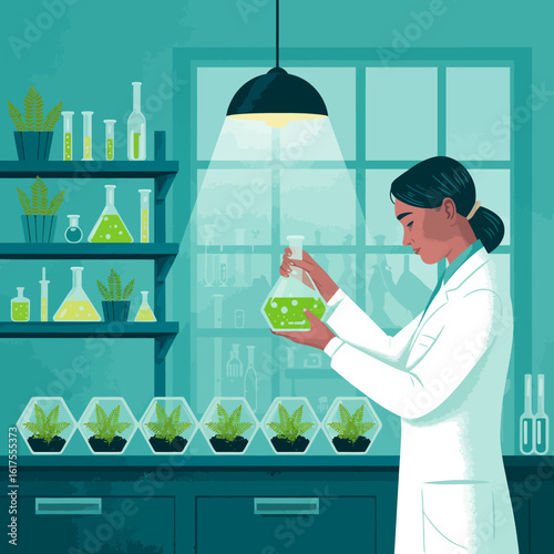 A scientist in a laboratory examines a green liquid in a flask, symbolizing the pursuit of knowledge and the intricacies of scientific exploration and discovery.