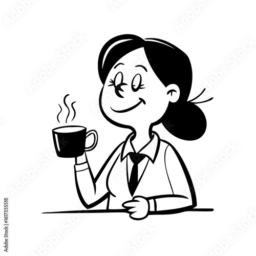 cartoon office worker woman enjoy drinking cup a coffee black and white vector illustration