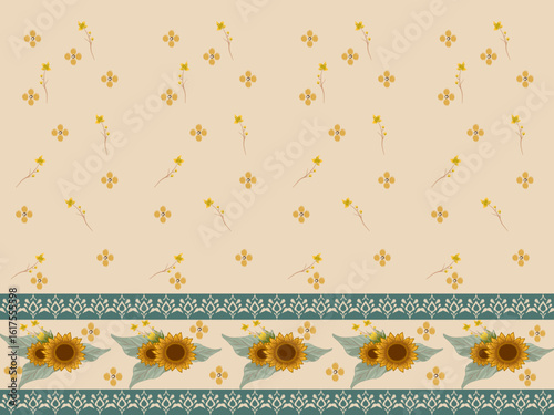 Ikat fabric pattern, hand drawn sunflower concept, seamless ethnic floral pattern, embroidery, stripes, floral ornament, motif, design for wrapping, silk, scarf, background, textile.