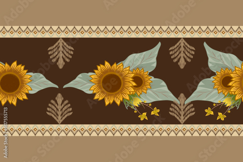 Ikat fabric pattern, hand drawn sunflower concept, seamless ethnic floral pattern, embroidery, stripes, floral ornament, motif, design for wrapping, silk, scarf, background, textile.