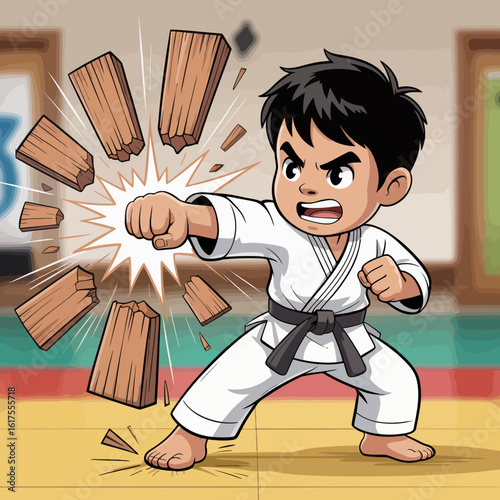 A young martial artist in a karate gi executes a powerful punch that breaks a wooden board, showcasing determination, strength, and skill in a dojo setting.
