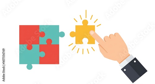 Hand placing final puzzle piece isolated on white background