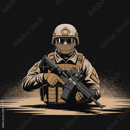 An illustration of a soldier equipped with a rifle, featuring a dramatic style and dark background that evokes themes of bravery, strength, and resilience in modern warfare.