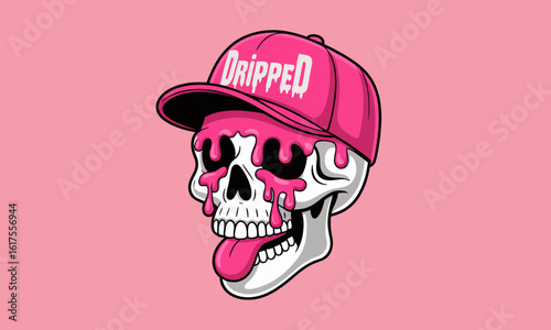 This vibrant illustration features a skull wearing a pink cap with dripping candy-like substance, embodying a playful yet edgy aesthetic popular in contemporary art and design.
