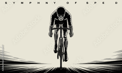This dynamic illustration depicts a skeleton cyclist racing forward, holding a bottle, merging themes of speed and the ephemeral nature of life in a compelling visual narrative.