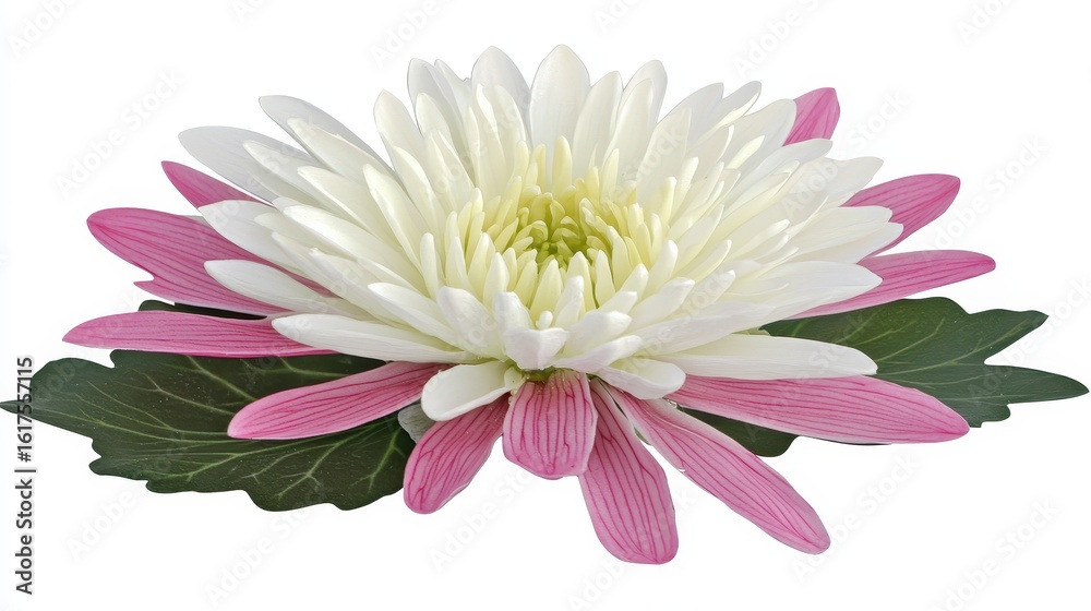 Obraz premium Close Up White and Pink Chrysanthemum Blossom with Green Leaves on White Background