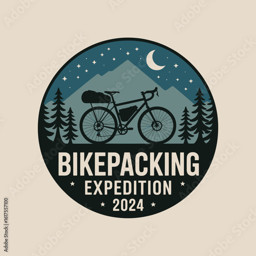 This logo represents a bikepacking expedition in a serene mountain landscape, emphasizing adventure, exploration, and the joy of cycling among majestic trees and peaks.