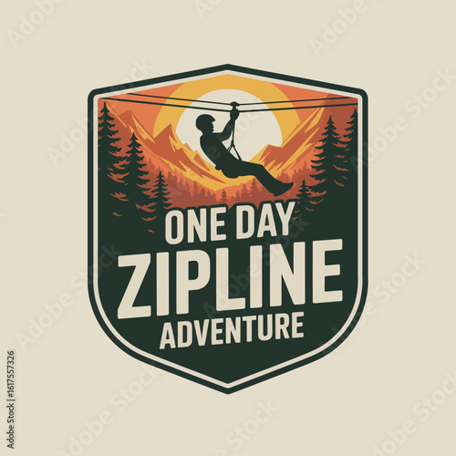 A logo-style graphic depicting a person ziplining through a mountainous forest, highlighted by a setting sun, perfect for outdoor adventure enthusiasts and thrill-seekers.