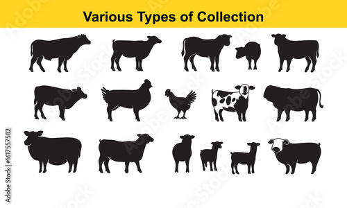 Livestock Silhouettes: Various Farm Animals Collection in Black and White