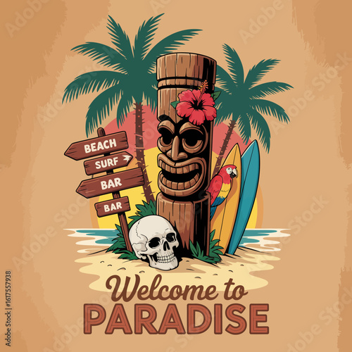 A colorful tiki sculpture surrounded by palm trees and a welcoming atmosphere, emphasizing the vibrancy and joy of tropical beaches and paradise living.