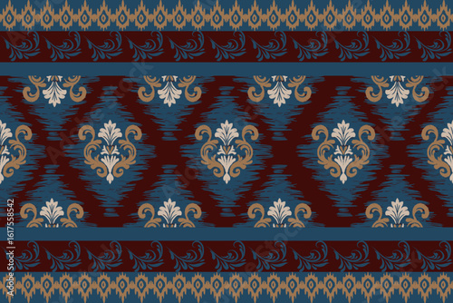 Ikat flower hand drawn in brown  tone , Motif ethnic floral seamless textil, embroidery, print striped ornament floral, pattern, design for wrapping, silk, scarf, background, textile	