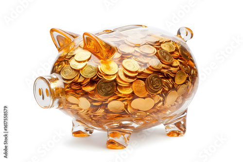 Transparent piggy bank filled with gold coins, financial savings concept image