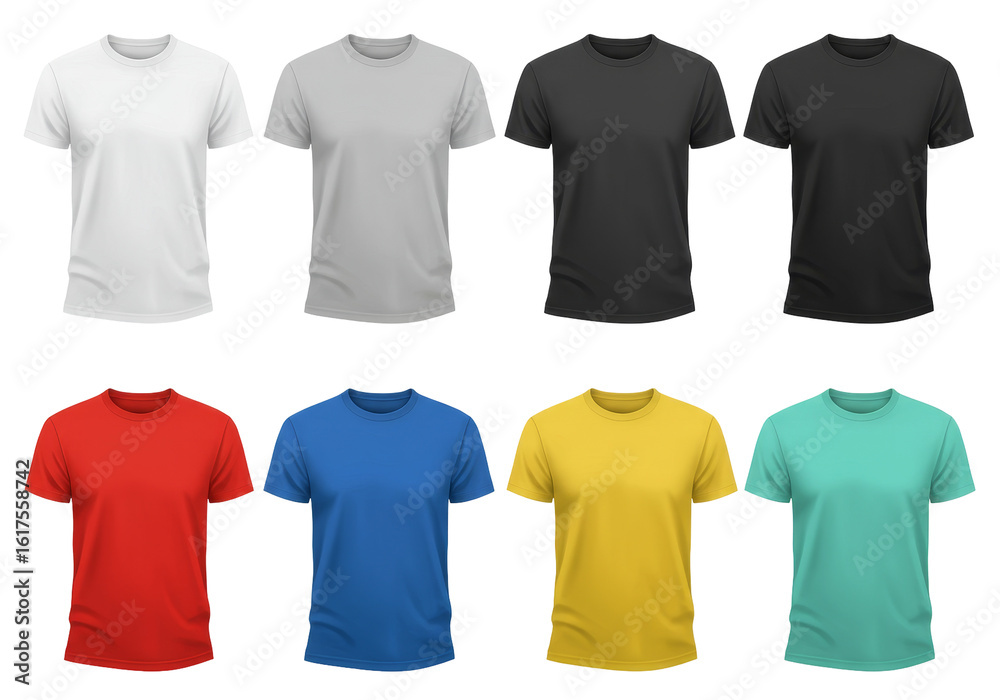 Naklejka premium Collection of eight colorful and neutral basic T-Shirts arranged in two rows isolated on transparent background