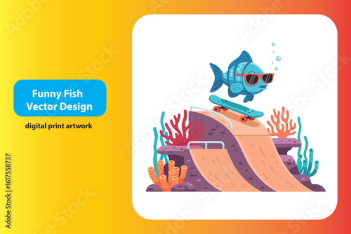 Funny blue fish wearing sunglasses rides a skateboard on a ramp underwater
