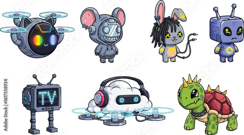 Whimsical Neon Cyberpunk Characters with Playful Faces