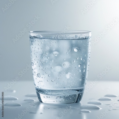 transparent glass filled to the brim with crystal-clear, icy cold water