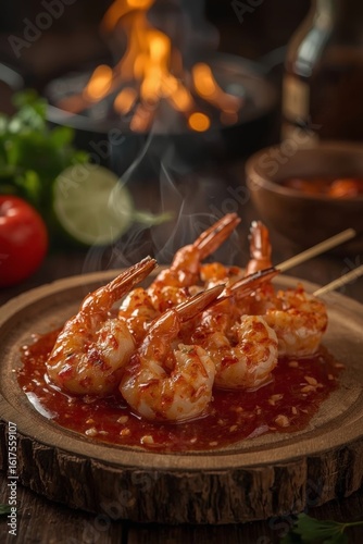 sizzling, grilled shrimps with spice red sambal sauce placed on a rustic wooden platter